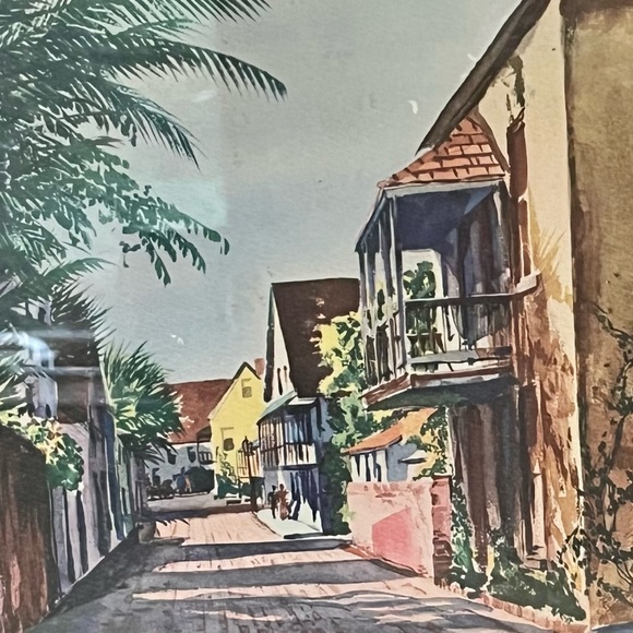 VTG Tropical Town Print John Rogers Palm Tree Balcony Village Daisy Wood Frame - Picture 2 of 6